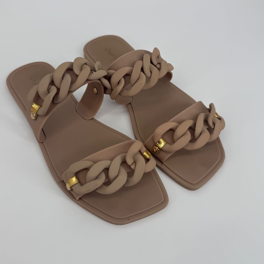 Qupid‎ Jelly Slide Sandals Womens Size 10 Tan Good Chain Link Square Toe Flat